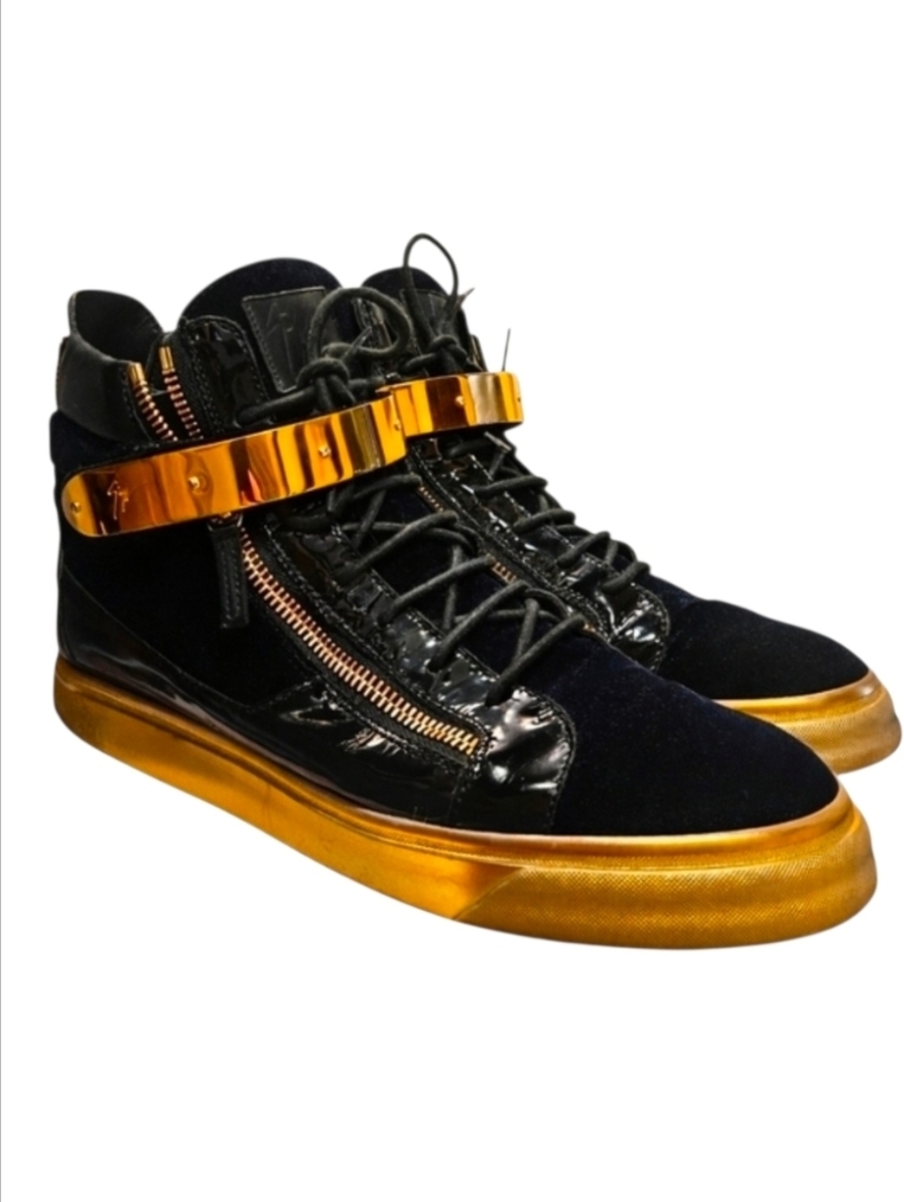 GIUSEPPE ZANOTTI | Black Gold Patent Leather Velvet High Top Sneakers US 13